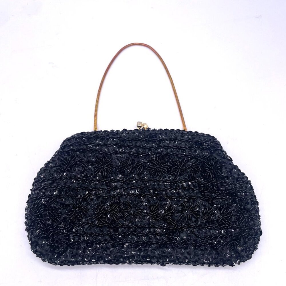 Vintage Black Beaded Evening Bag With Gold Strap By Jem